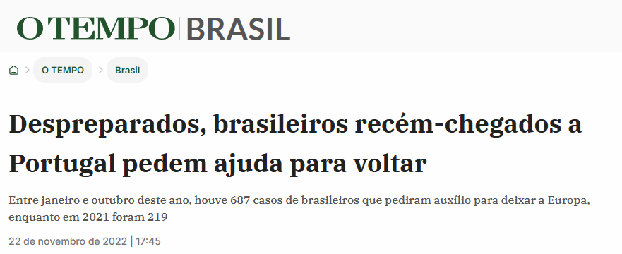 Manchete de O Tempo: 'Despreparados, brasileiros recém-chegados a Portugal pedem ajuda para voltar'.